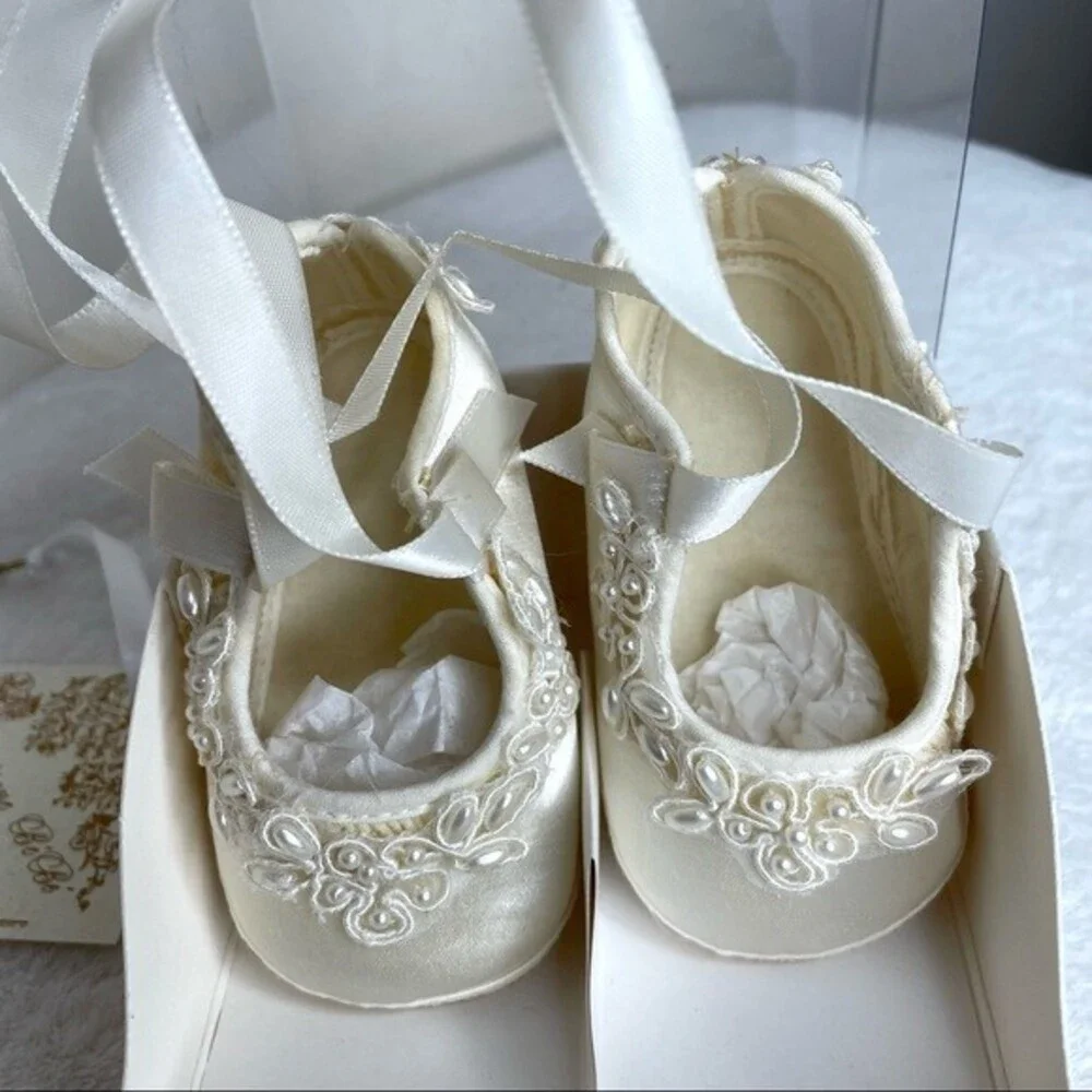 Baby Shoes White Ivory Vintage Gold Bug Clogs Brown Satin Faux Pearl Applique